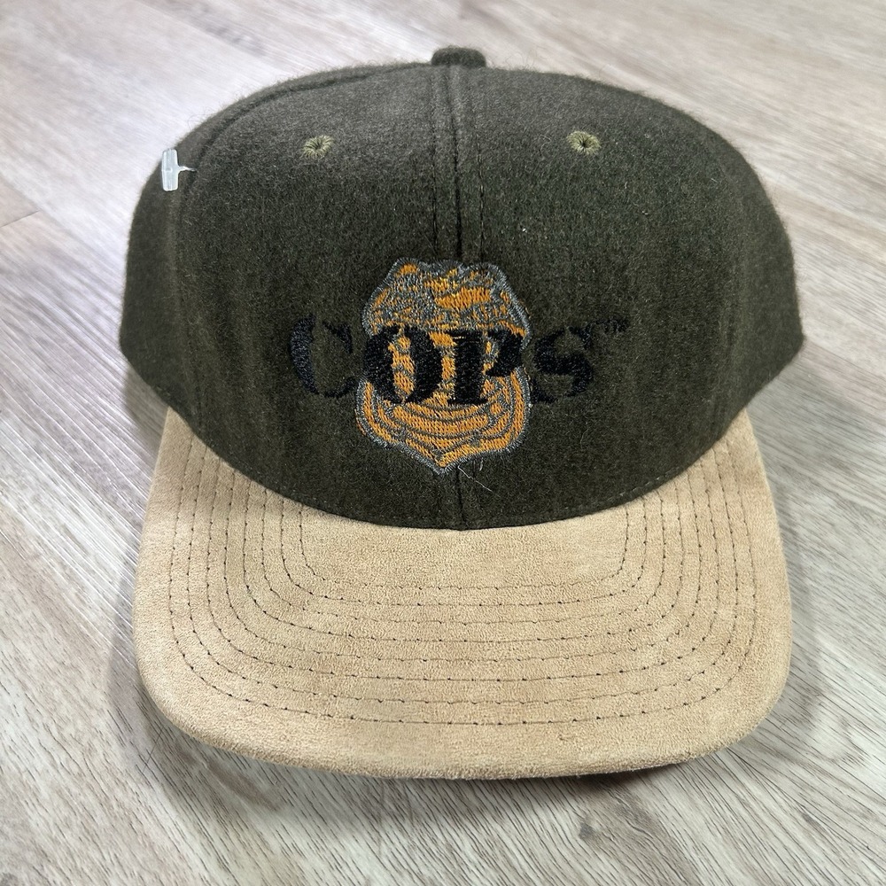VTG 90s Cops Snapback Hat NWT TV Show Green Beige Wool Cap Made in USA